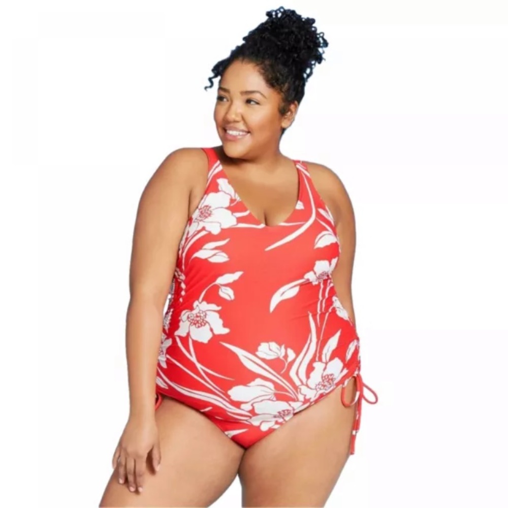 Kona Sol Red Orange Floral One Piece Swimsuit Plus Sizes 14W/20W NEW